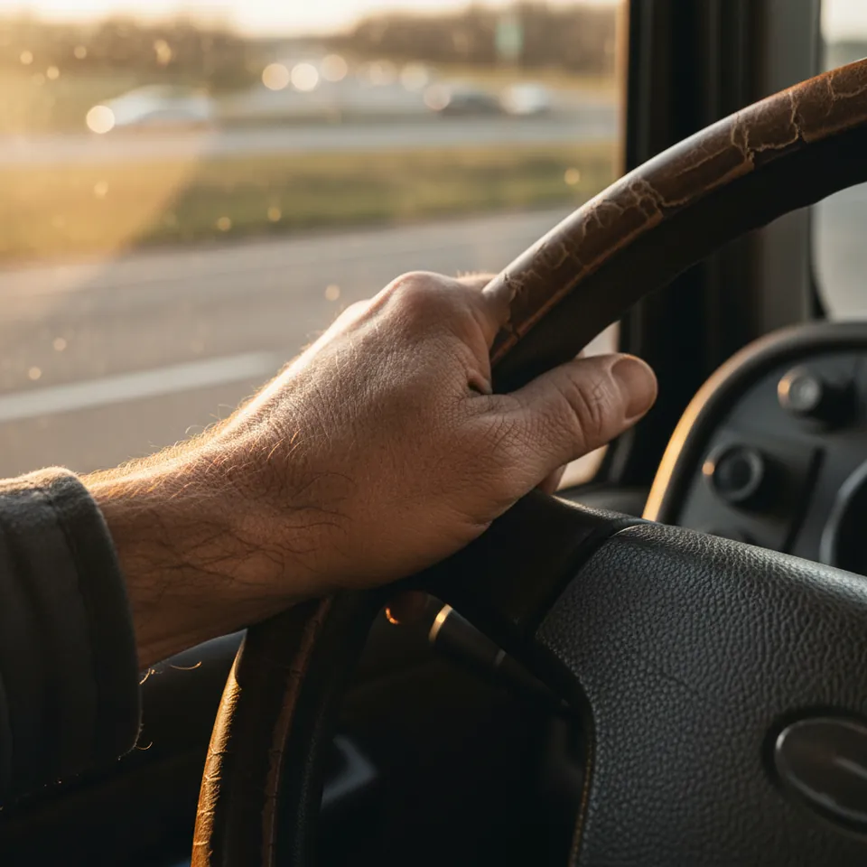 Truck driver holding the steering wheel